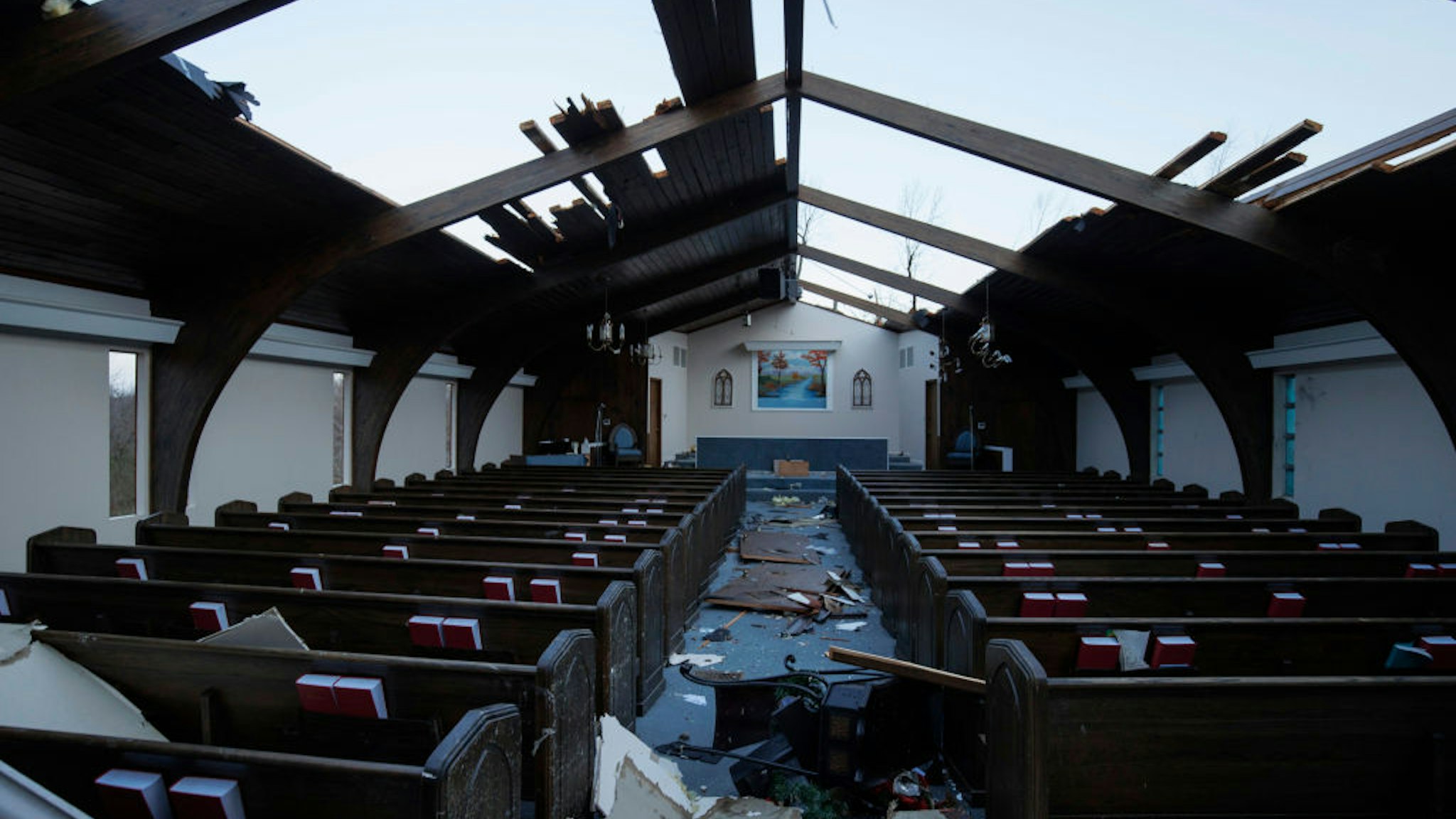 Interior view of tornado damage to Emmanuel Baptist Church on December 11, 2021 in Mayfield, Kentucky.
