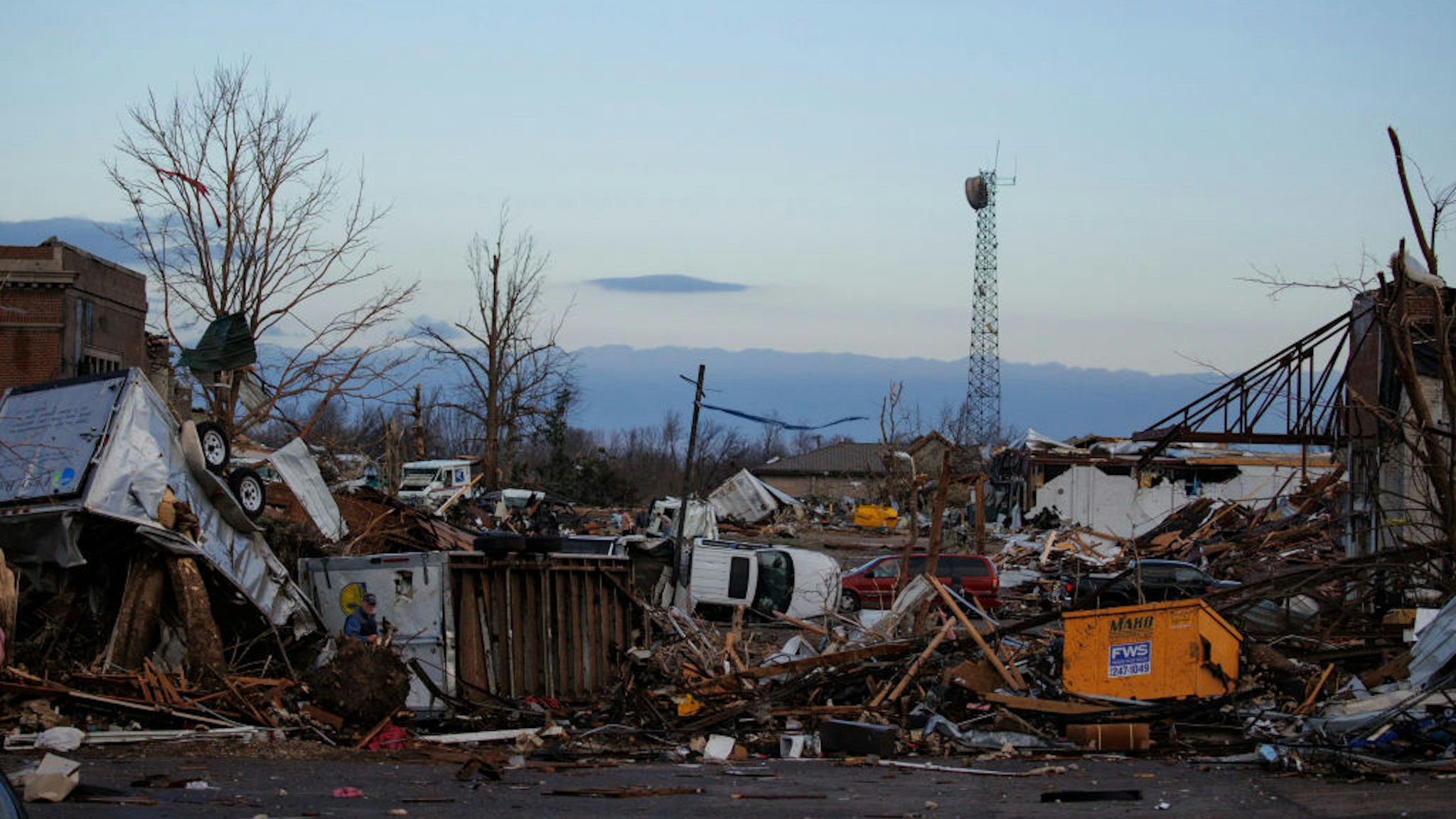 Heavy damage is seen downtown after a tornado swept through the area on December 11, 2021 in Mayfield, Kentucky.