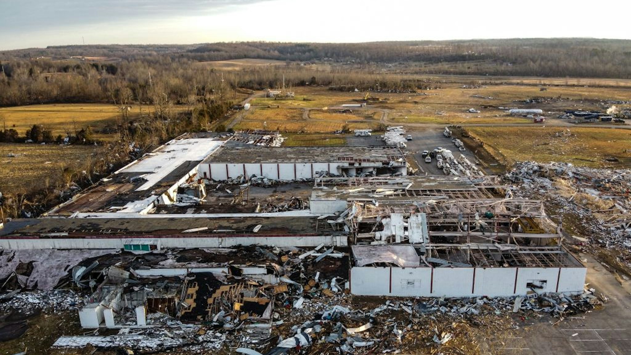 An aerial view of a business in Dawson Springs, Kentucky, on December 14, 2021, four days after tornadoes hit the area. - Kentucky officials voiced relief December 13 that dozens of workers at a candle factory appear to have survived tornadoes that killed at least 88 people and left a trail of devastation across six US states.