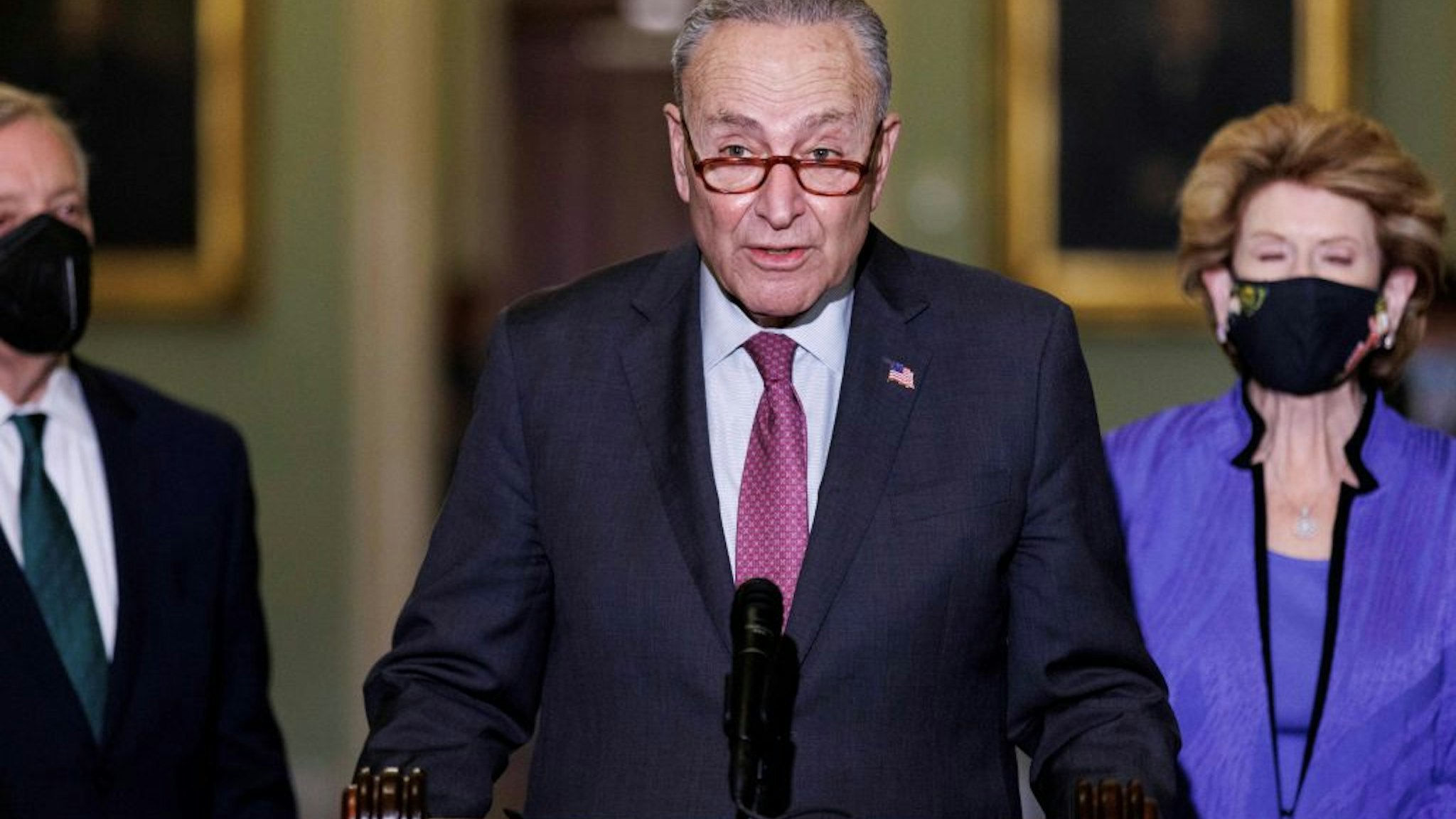 U.S. Senate Majority Leader Chuck Schumer speaks during a press conference on Capitol Hill in Washington, D.C. Dec. 14, 2021.