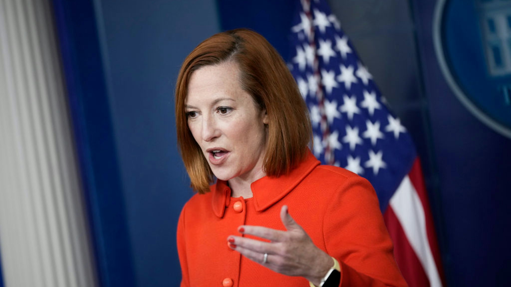 WASHINGTON, DC - DECEMBER 20: White House Press Secretary Jen Psaki speaks during the daily press briefing at the White House December 20, 2021 in Washington, DC. Psaki fielded several questions about Sen. Joe Manchin's (D-WV) announcement over the weekend that he will not support the Biden administration's social spending bill. (Photo by Drew Angerer/Getty Images)