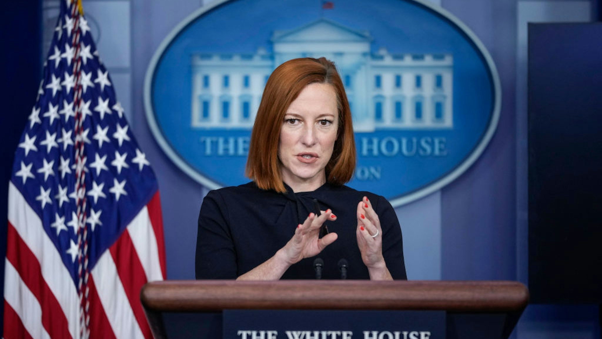 WASHINGTON, DC - DECEMBER 22: White House Press Secretary Jen Psaki speaks during the daily press briefing at the White House December 22, 2021 in Washington, DC. Earlier on Wednesday, President Biden spoke on measures the White House is using to mitigate supply chain bottlenecks, incentivizing new truck driver hirings and expanding domestic production. (Photo by Drew Angerer/Getty Images)