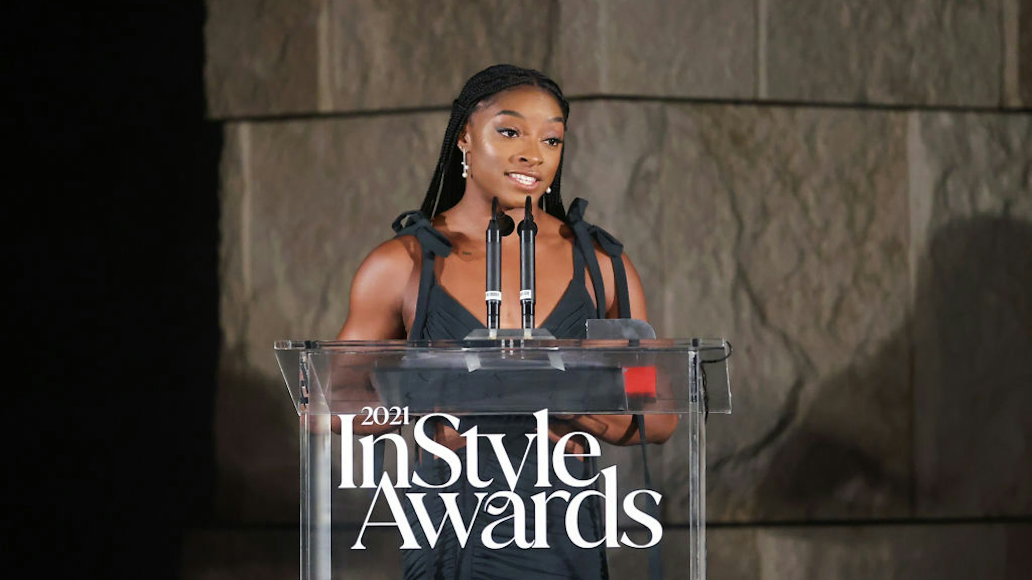 LOS ANGELES, CALIFORNIA - NOVEMBER 15: Honoree Simone Biles accepts The Original Award onstage during the 2021 InStyle Awards at The Getty Center on November 15, 2021 in Los Angeles, California. (Photo by Emma McIntyre/Getty Images for InStyle)