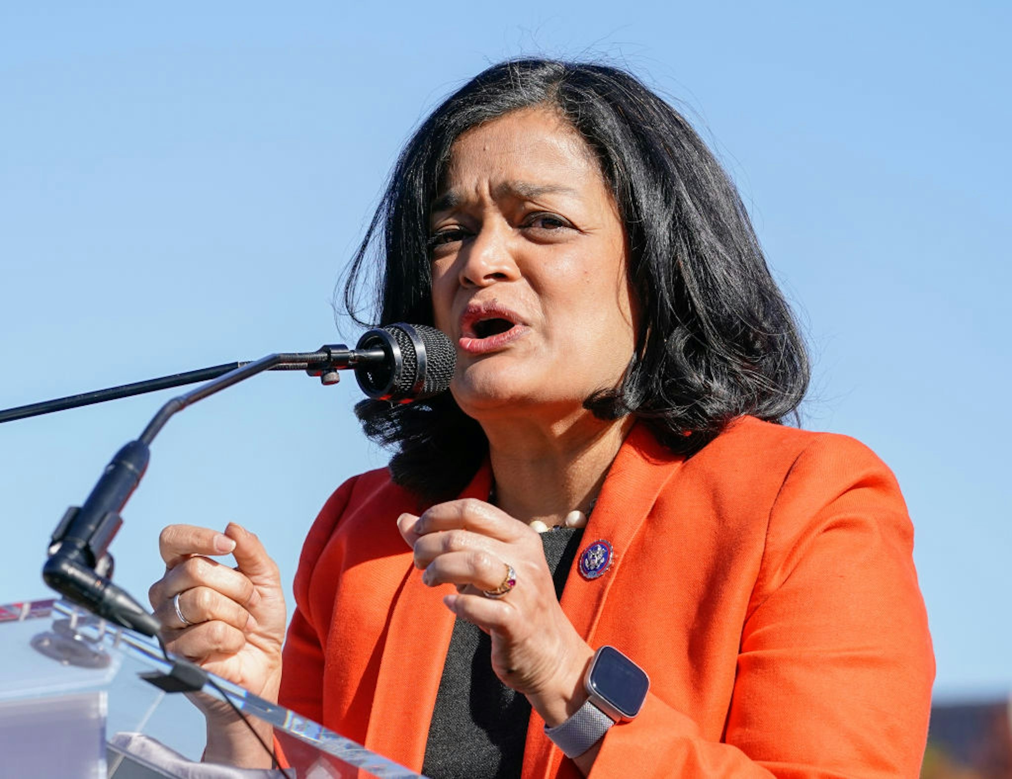 WASHINGTON, DC - NOVEMBER 16: U.S. Rep. Pramila Jayapal (D-WA) speaks at the "Time to Deliver" Home Care Workers rally and march on November 16, 2021 in Washington, DC. (Photo by Jemal Countess/Getty Images for SEIU)