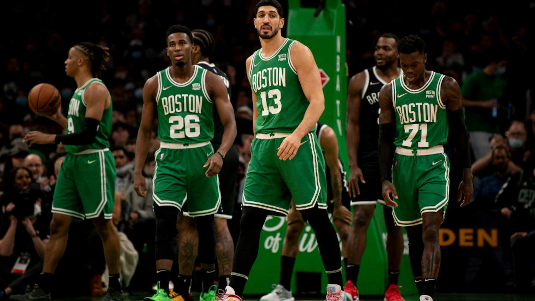 BOSTON, MASSACHUSETTS - NOVEMBER 24: Enes Kanter #13 of the Boston Celtics looks on during a game against the Brooklyn Nets at TD Garden on November 24, 2021 in Boston, Massachusetts. NOTE TO USER: User expressly acknowledges and agrees that, by downloading and or using this photograph, User is consenting to the terms and conditions of the Getty Images License Agreement. (Photo by Maddie Malhotra/Getty Images)
