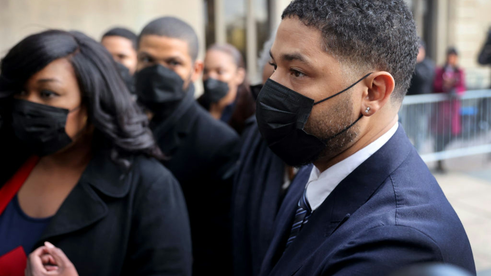 CHICAGO, ILLINOIS - NOVEMBER 29: Former "Empire" actor Jussie Smollett arrives at the Leighton Courts Building for the start of jury selection in his trial on November 29, 2021 in Chicago, Illinois. Smollett is accused of lying to police when he reported that two masked men physically and verbally attacked him, yelling racist and anti-gay remarks near his Chicago home in 2019. (Photo by Scott Olson/Getty Images)