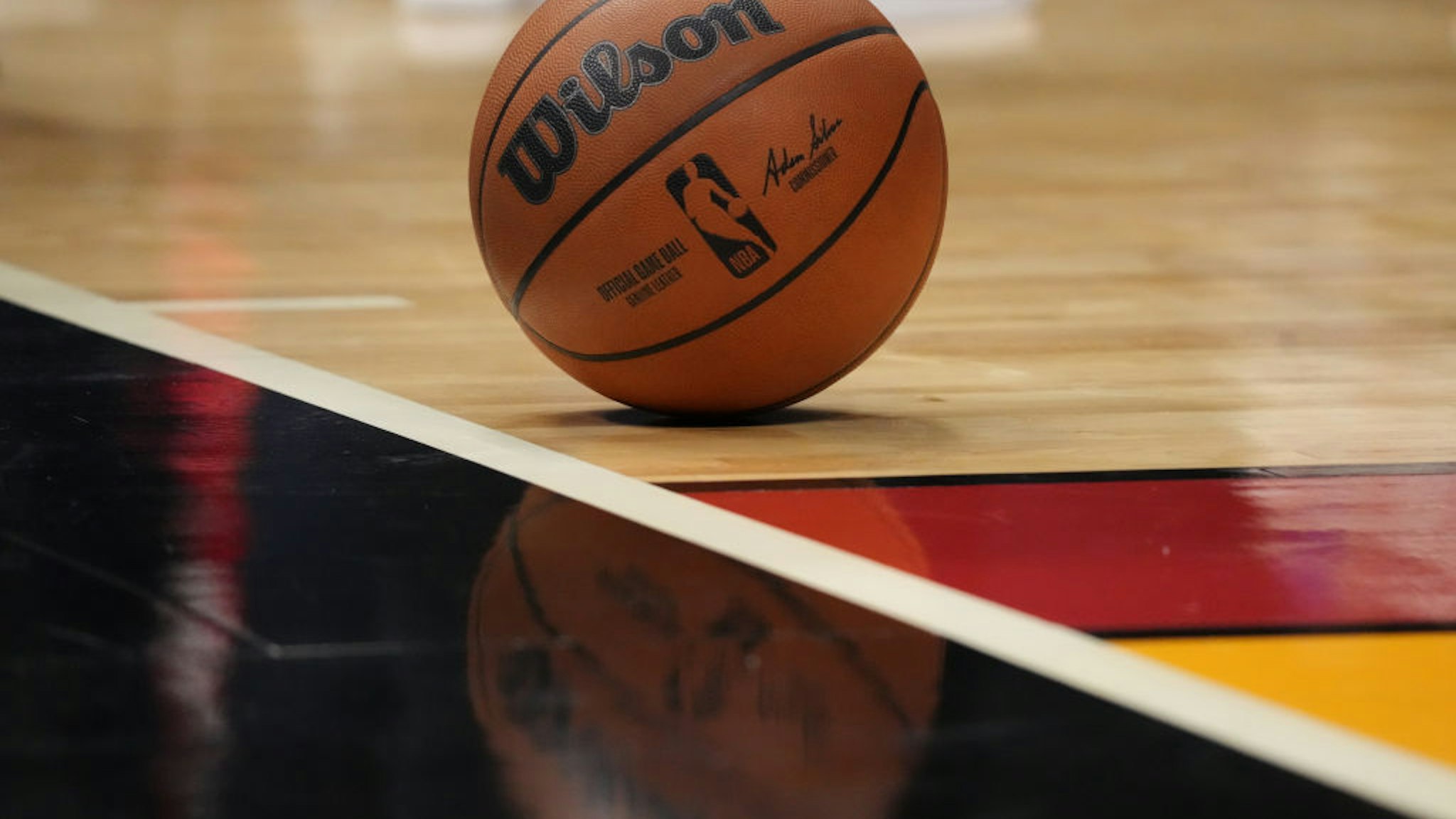 MIAMI, FLORIDA - NOVEMBER 29: A general view of the an official Wilson NBA basketball on the court during the game between the Miami Heat and the Denver Nuggets in the second half at FTX Arena on November 29, 2021 in Miami, Florida. NOTE TO USER: User expressly acknowledges and agrees that, by downloading and or using this photograph, User is consenting to the terms and conditions of the Getty Images License Agreement. (Photo by Mark Brown/Getty Images)