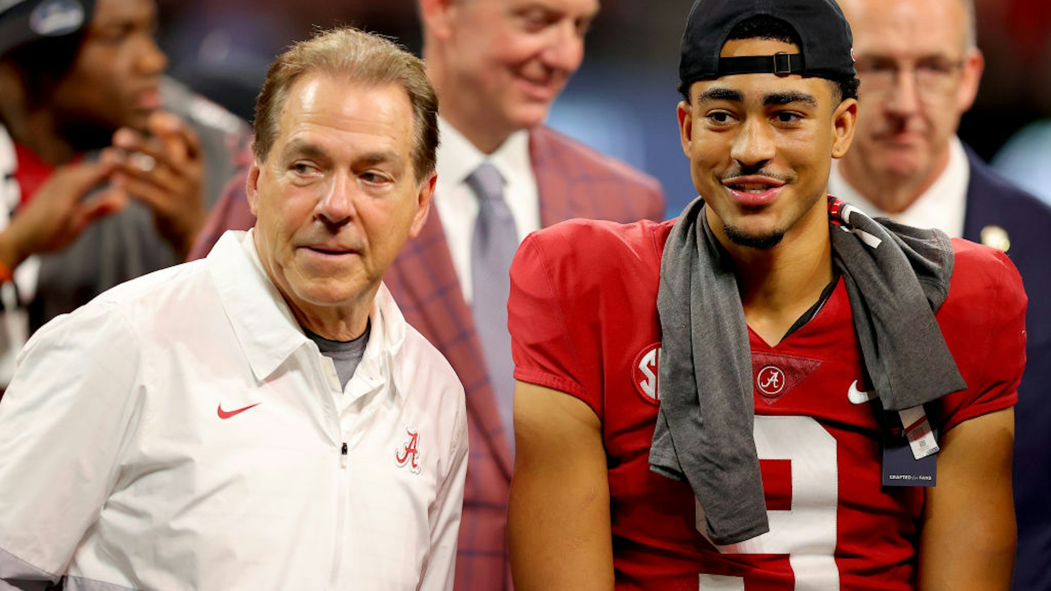 ATLANTA, GEORGIA - DECEMBER 04: Head coach Nick Saban of the Alabama Crimson Tide and Bryce Young #9 of the Alabama Crimson Tide celebrate their win against the Georgia Bulldogs in the SEC Championship game at Mercedes-Benz Stadium on December 04, 2021 in Atlanta, Georgia. (Photo by Kevin C. Cox/Getty Images)