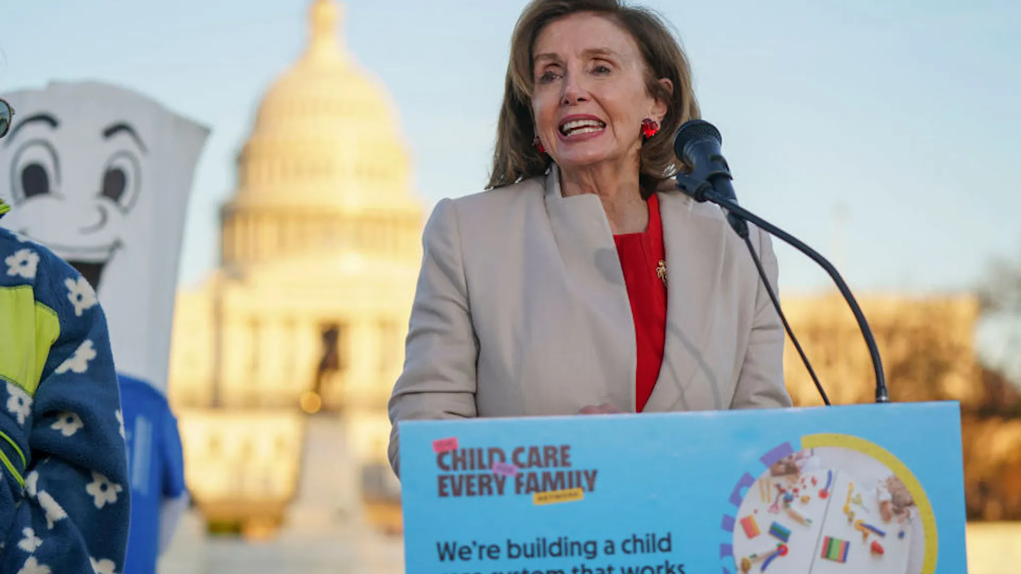 Child Care Providers And Parents Rally To Pass Build Back Better Speaker of the House Nancy Pelosi (D-CA) speaks during Child Care Providers and Parents Rally to Pass Build Back Better at the U.S. Capitol on December 14, 2021 in Washington, DC.