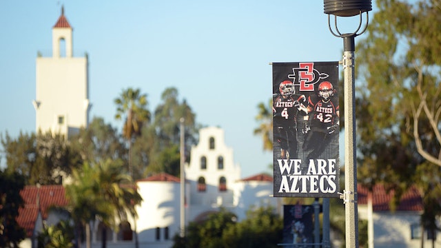 Banners supporting the athletic department line walkways throughout the campus of the San Diego State Aztecs that play home basketball games in Viejas Arena on November 14, 2013 in San Diego, California.