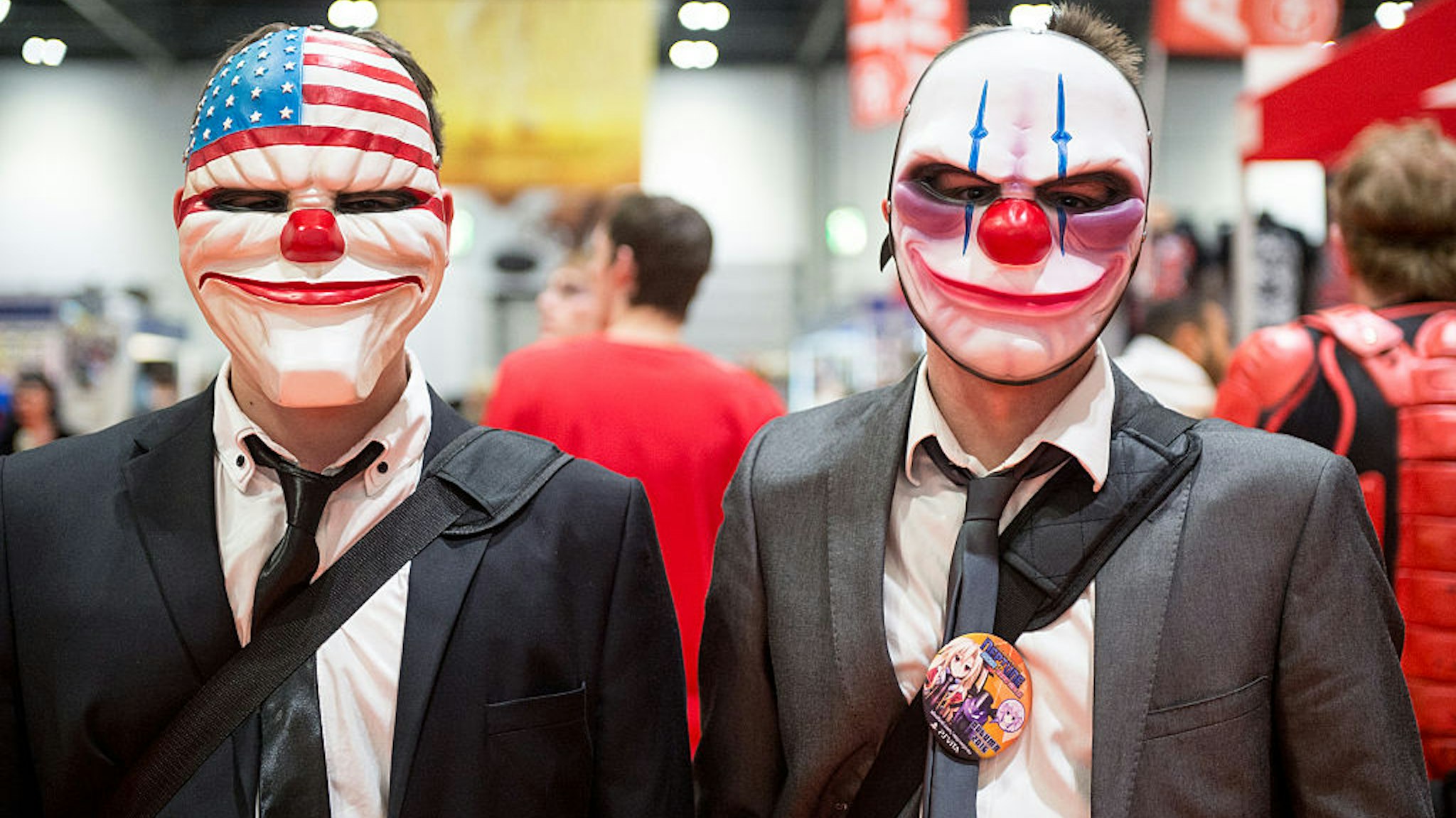 Cosplay enthusiasts in character as Thugs from The Purge on Day 1 of MCM London Comic Con at The London ExCel on May 27, 2016 in London, England.