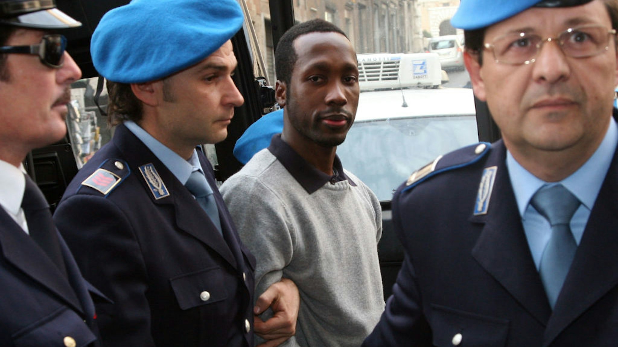 Ivory Coast man Rudy Guede arrives at the Perugia courthouse for the sitting of his appeal against the sentence he received in the Meredith Kercher murder trial, on November 18, 2009 in Perugia, Italy.