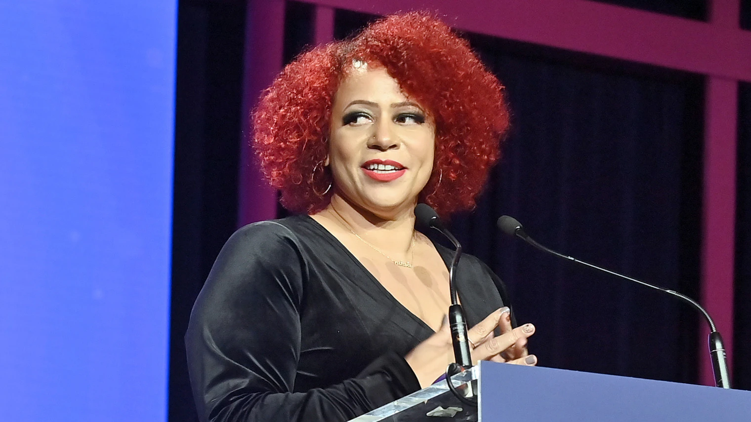 LOS ANGELES, CALIFORNIA - DECEMBER 08: Nikole Hannah-Jones speaks onstage at The Hollywood Reporter 2021 Power 100 Women in Entertainment, presented by Lifetime at Fairmont Century Plaza on December 08, 2021 in Los Angeles, California.