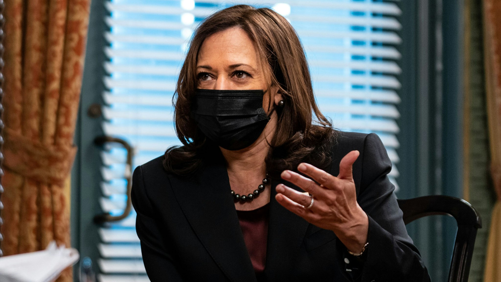 WASHINGTON, DC - DECEMBER 17: Vice President Kamala Harris speaks during an interview with The Los Angeles Times in her ceremonial office in the Eisenhower Executive Office Building on the White House Complex on Friday, Dec. 17, 2021 in Washington, DC.