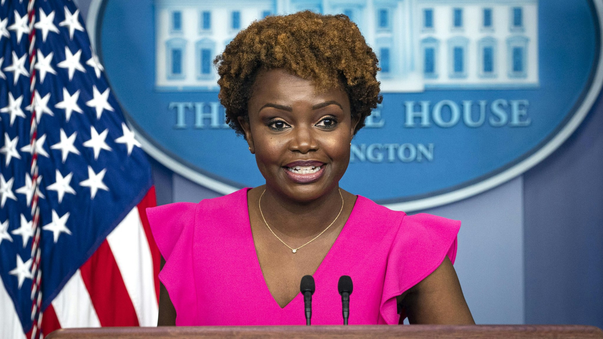 Karine Jean-Pierre, principal deputy press secretary, speaks during a news conference in the James S. Brady Press Briefing Room at the White House in Washington, D.C., U.S., on Thursday, Dec. 16, 2021. The Biden administration is preparing to impose more stringent limits on car and truck emissions in an effort to clamp down on a top U.S. source of the greenhouse gases fueling climate change.