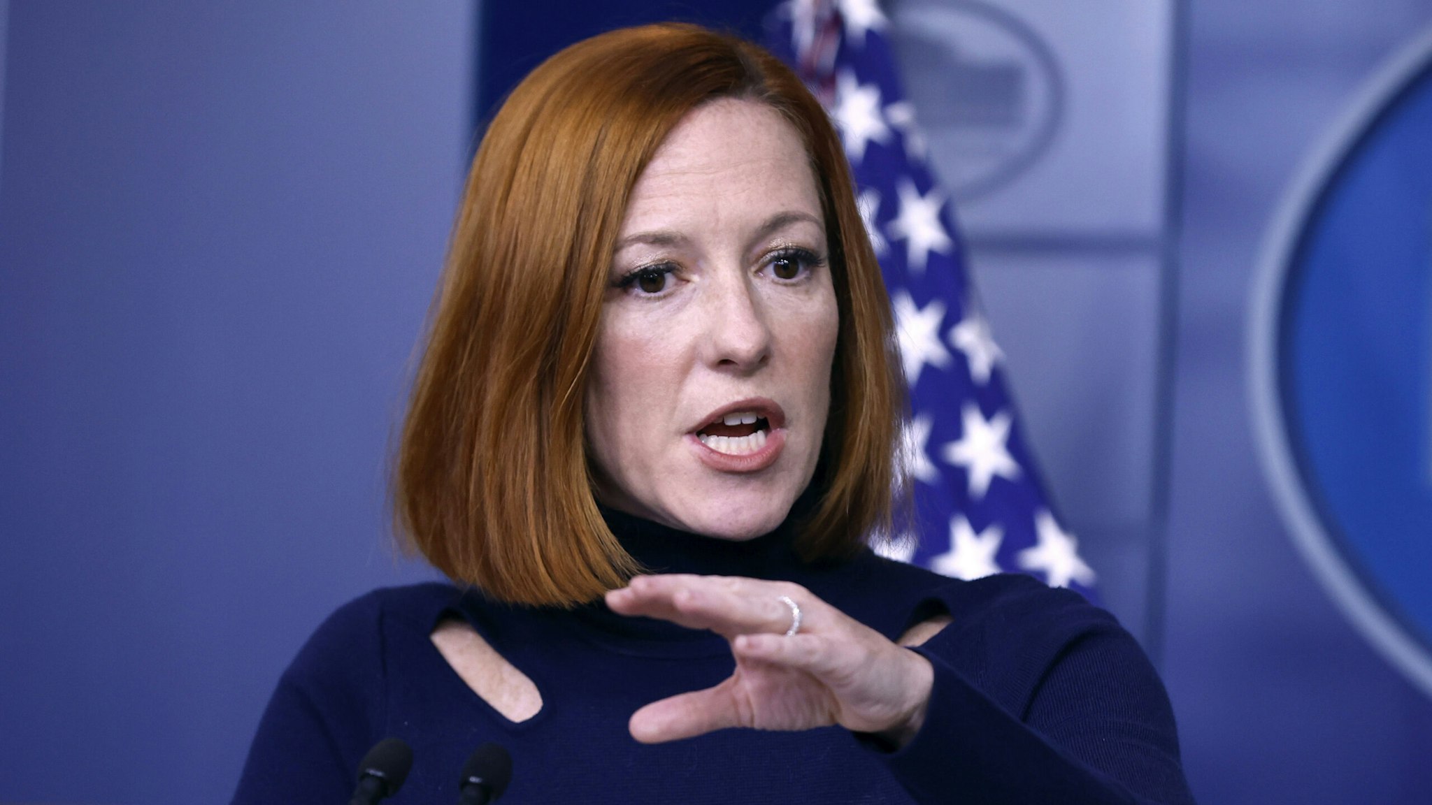 WASHINGTON, DC - DECEMBER 10: White House Press Secretary Jen Psaki speaks to reporters in the Brady Press Briefing Room at the White House on December 10, 2021 in Washington, DC. Psaki expanded on President Joe Biden's remarks about the economy and his belief that consumer prices and other costs will be going down as inflation eases next year.