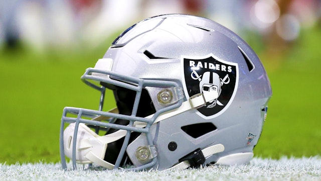 GLENDALE, AZ - AUGUST 15: Detailed view of a Oakland Raiders helmet before a NFL preseason game between the Oakland Raiders and the Arizona Cardinals on August 15, 2019 at State Farm Stadium, in Glendale, Az.