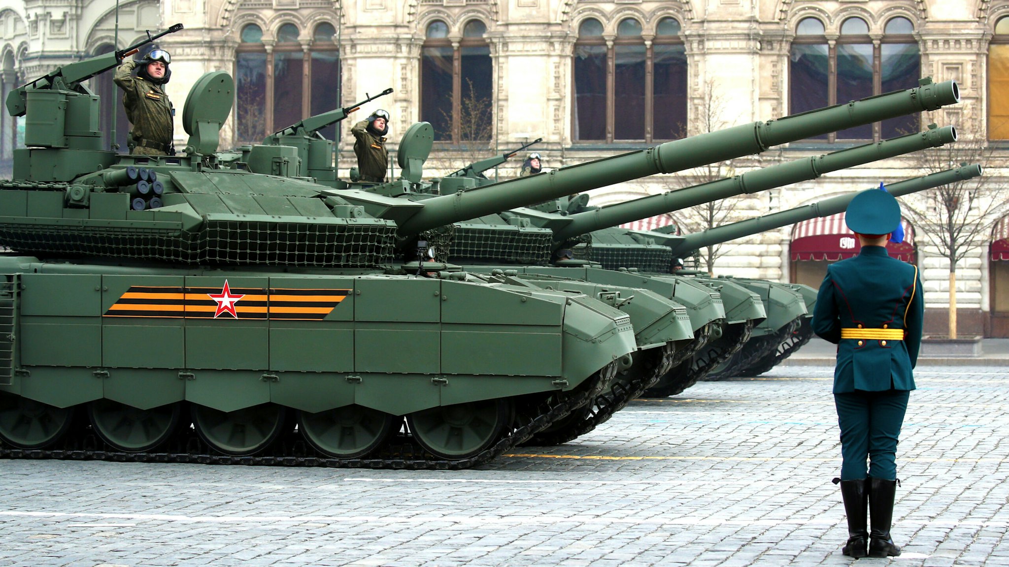 MOSCOW, RUSSIA MAY 7, 2021: T-14 Armata battle tanks roll down Moscow's Red Square during a dress rehearsal of a Victory Day military parade marking the 76th anniversary of the victory over Nazi Germany in World War II.