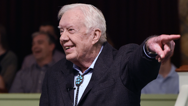 Former U.S. President Jimmy Carter speaks to the congregation at Maranatha Baptist Church before teaching Sunday school in his hometown of Plains, Georgia on April 28, 2019. Carter, 94, has taught Sunday school at the church on a regular basis since leaving the White House in 1981, drawing hundreds of visitors who arrive hours before the 10:00 am lesson in order to get a seat and have a photograph taken with the former President and former First Lady Rosalynn Carter.