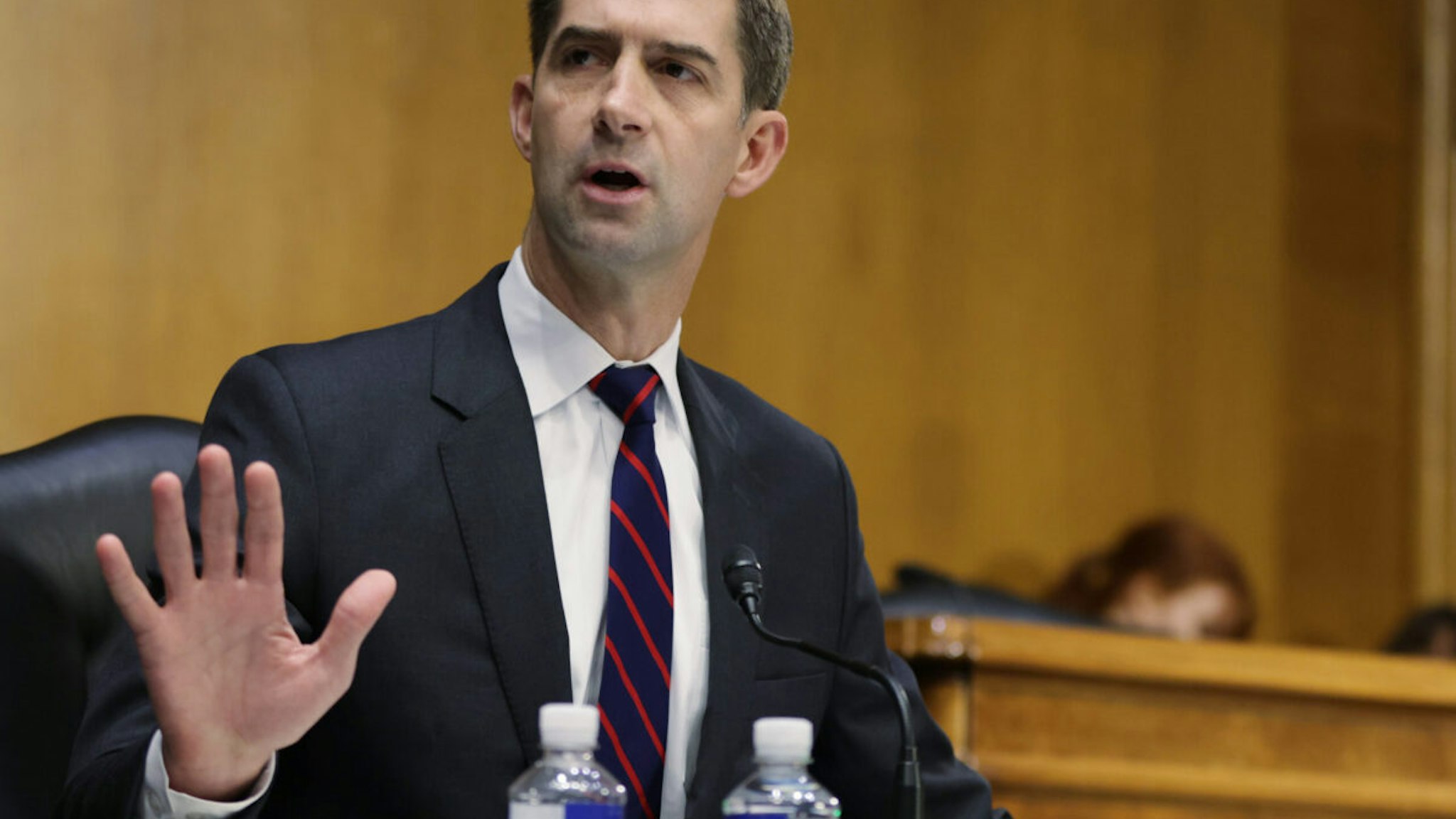 Sen. Tom Cotton (R-AR) questions U.S. Attorney General Merrick Garland as he testifies at a Senate Judiciary Committee hearing about oversight of the Department of Justice on October 27, 2021 in Washington, DC