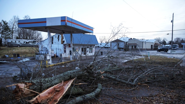 MAYFIELD, KY - DECEMBER 11: General view of tornado damaged businesses on December 11, 2021 in Mayfield, Kentucky. Multiple tornadoes tore through parts of the lower Midwest late on Friday night, leaving a large path of destruction.