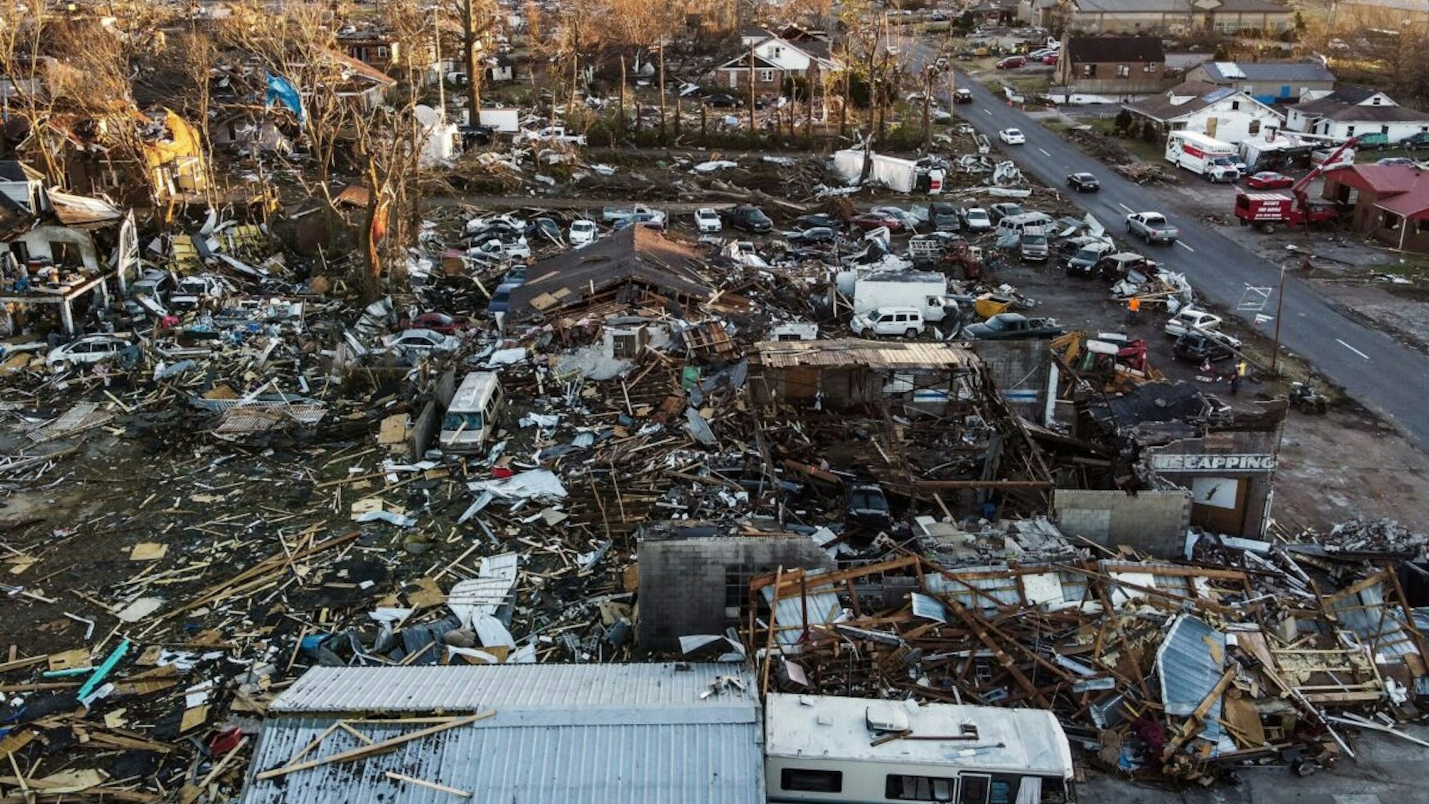 This aerial image taken on December 13, 2021, shows tornado damage after extreme weather hit the region in Mayfield, Kentucky