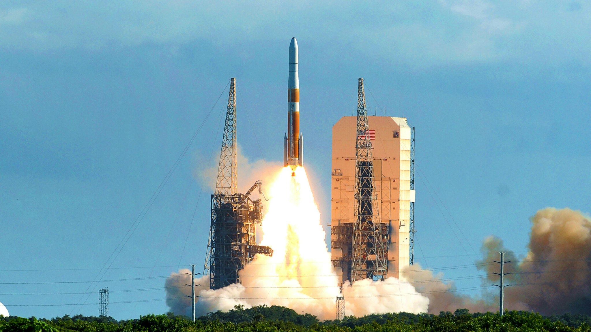 CAPE CANAVERAL, FL, UNITED STATES - 2019/08/22: A United Launch Alliance Delta IV rocket in space at complex 37 in Cape Canaveral Air Force Station carrying the second GPS III Magellan spacecraft to a medium earth orbit for the U.S. Air Force.