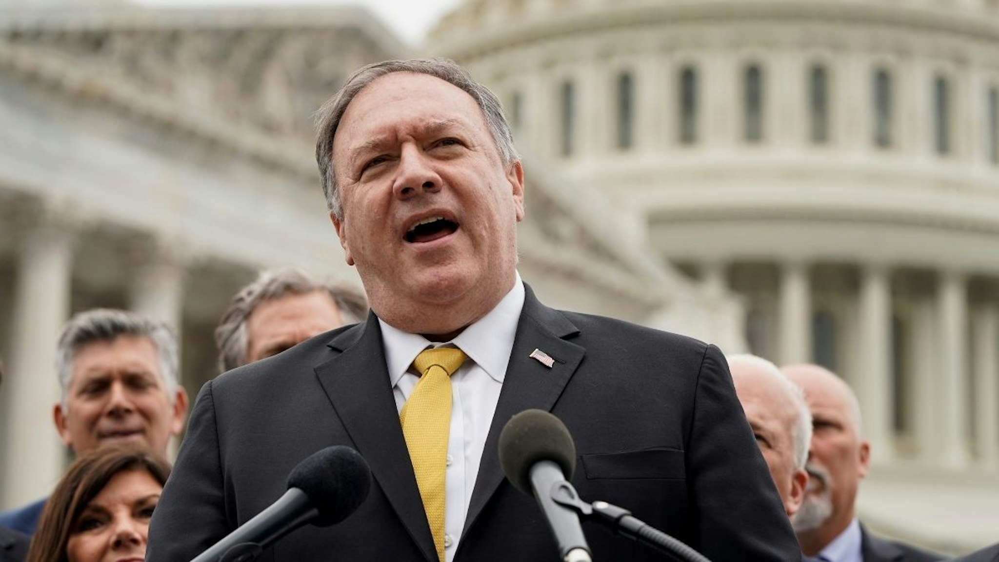 Former Secretary of State Mike Pompeo speaks to the media with members of the Republican Study Committee about Iran on April 21, 2021 in Washington, DC.