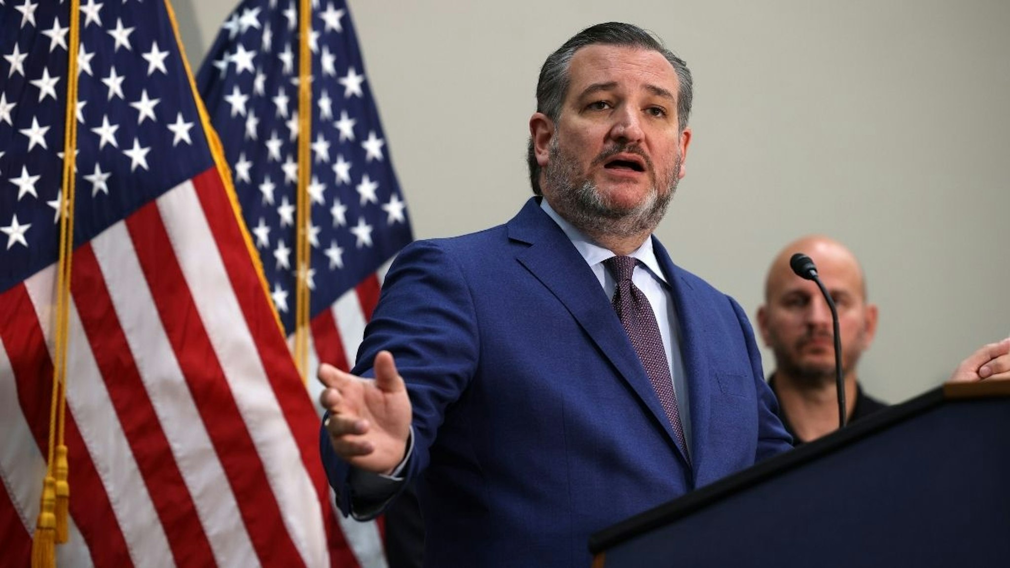 Sen. Ted Cruz (R-TX) gestures as he speaks during a news conference on the U.S. Southern Border and President Joe Biden’s immigration policies, in the Hart Senate Office Building on May 12, 2021 in Washington, DC.