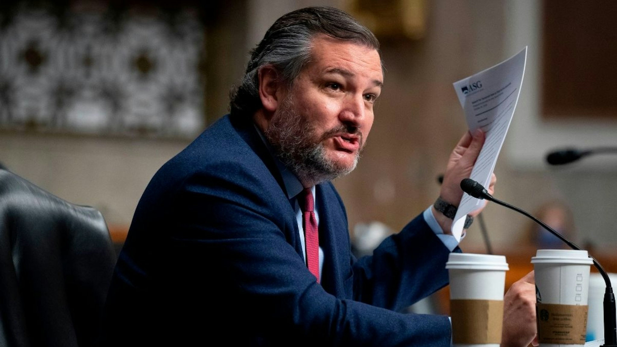 Republican Senator from Texas Ted Cruz holds a copy of a 2019 speech by Linda Thomas-Greenfield that was delivered at 'Confucius Institute' at Savannah State University, during the Senate Foreign Relations Committee hearing on the nomination of Linda Thomas-Greenfield to be the United States Ambassador to the United Nations, on Capitol Hill in Washington, DC, on January 27, 2021. (