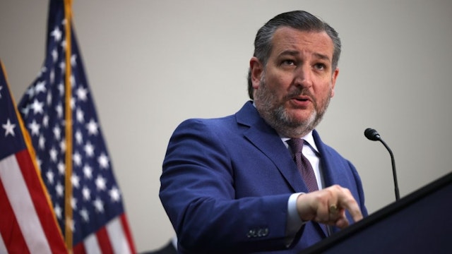Sen. Ted Cruz (R-TX) gestures as he speaks during a news conference on the U.S. Southern Border and President Joe Biden’s immigration policies, in the Hart Senate Office Building on May 12, 2021 in Washington, DC.