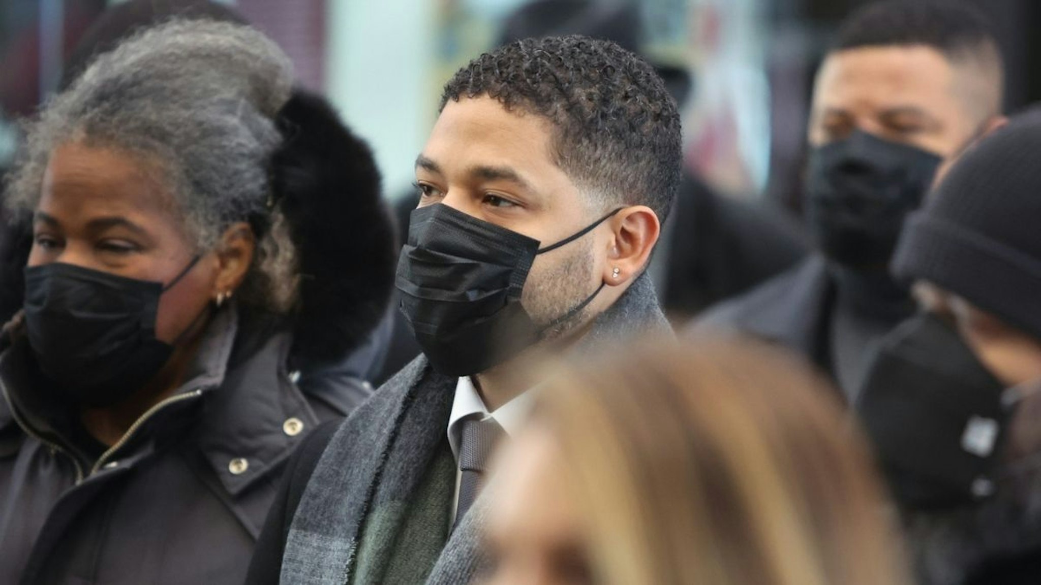 Former "Empire" actor Jussie Smollett arrives at the Leighton Courts Building for day six of his trial on December 7, 2021 in Chicago, Illinois.