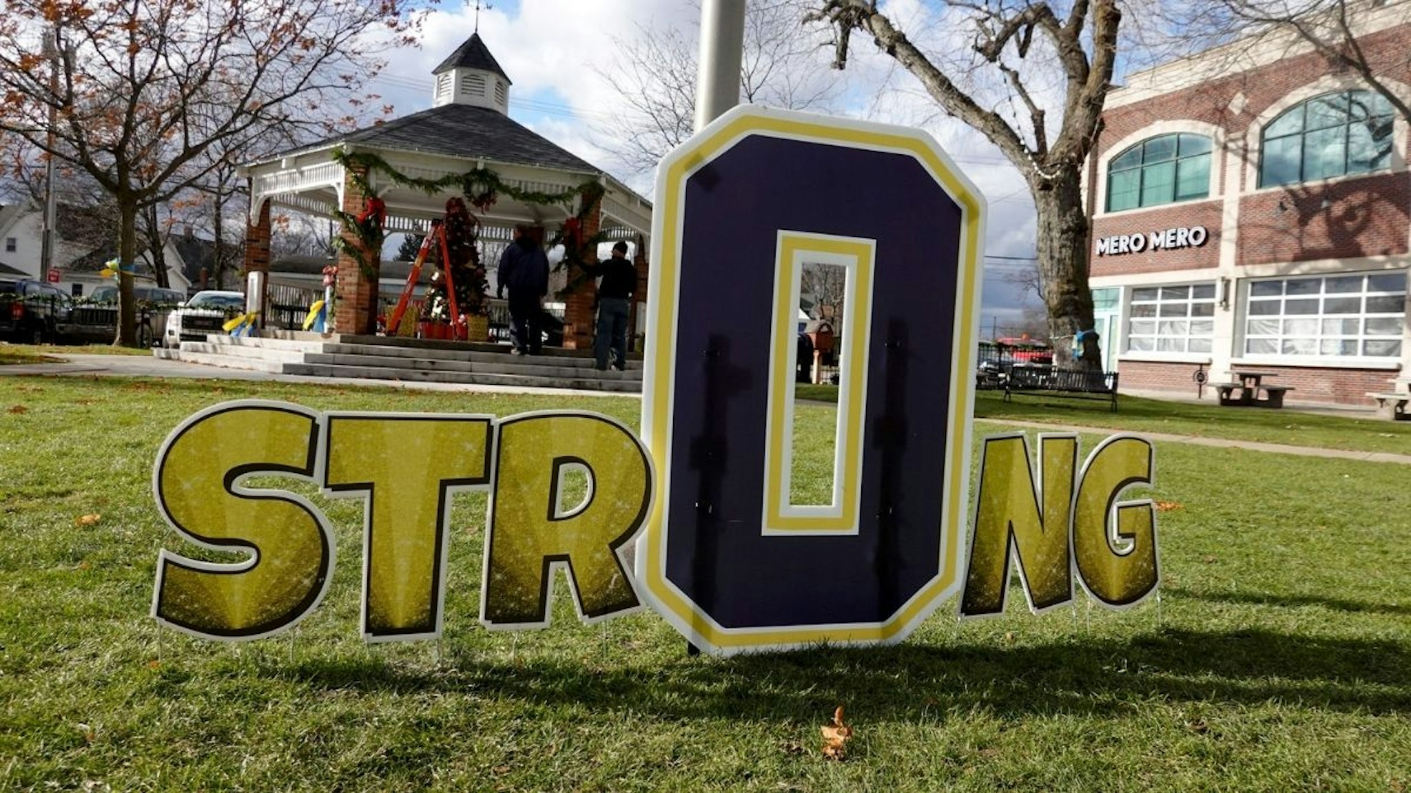 A sign in Centennial Park shows support for the students and staff killed and wounded in the November 30 shooting at Oxford High School on December 2, 2021 in Oxford, Michigan.