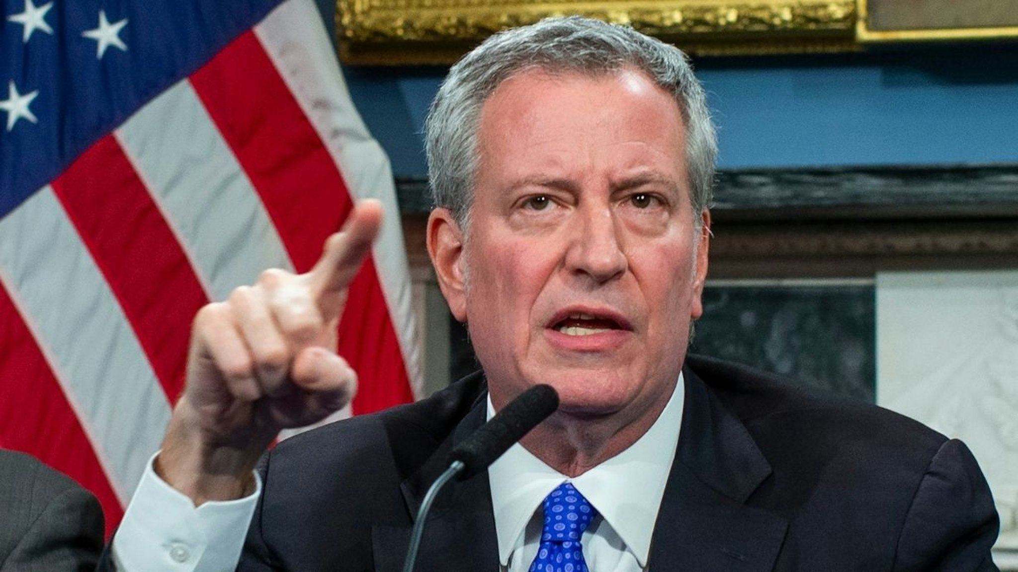 New York Mayor Bill de Blasio speaks to the media during a press conference at City Hall on January 3, 2020 in New York City.
