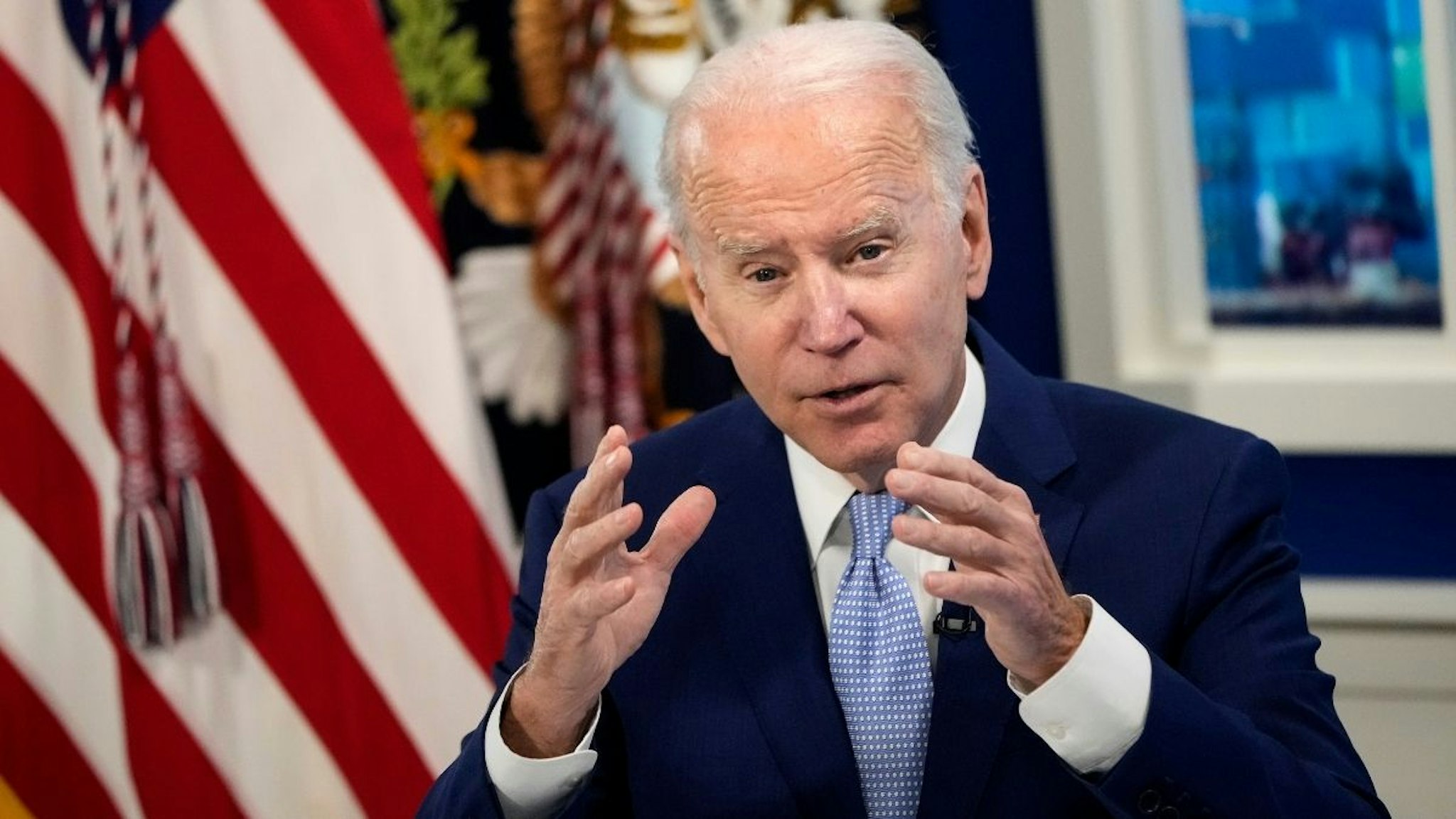 U.S. President Joe Biden speaks during a meeting with his administration's Supply Chain Disruptions Task Force and private sector CEOs in the South Court Auditorium of the White House December 22, 2021 in Washington, DC.