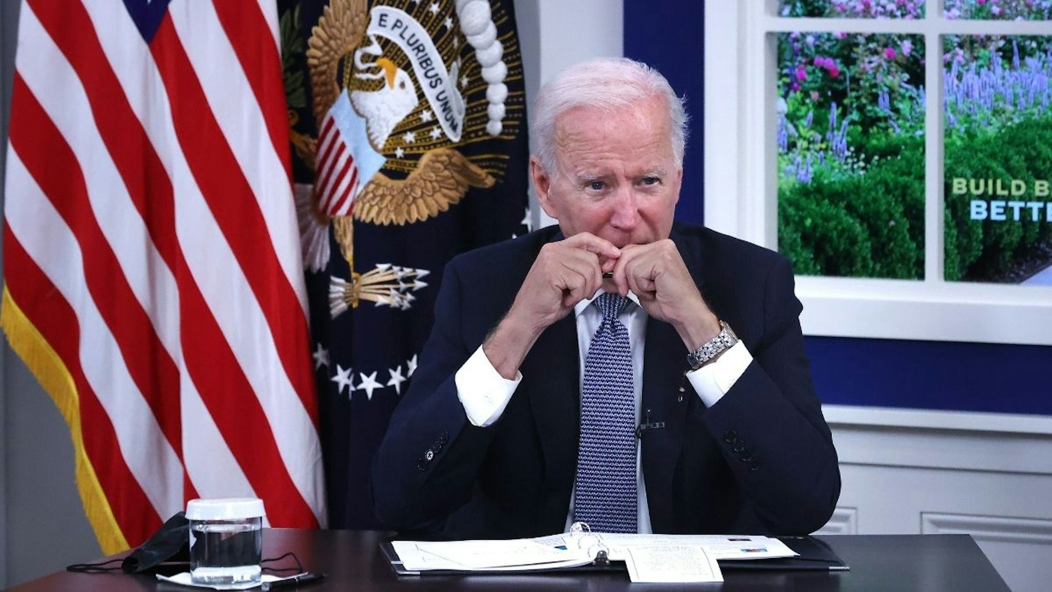 U.S. President Joe Biden hosts a hybrid meeting with corporate chief executives and members of his cabinet to discuss the looming federal debt limit in the South Court Auditorium in the Eisenhower Executive Office Building on October 06, 2021 in Washington, DC.