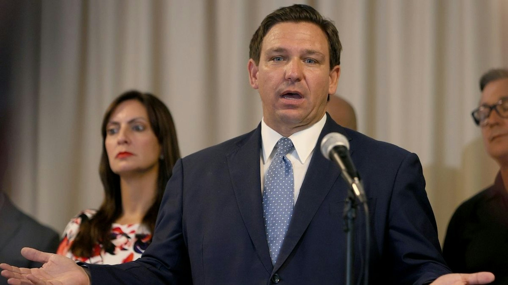 Florida Gov. Ron DeSantis speaks during an event to give out bonuses to first responders held at the Grand Beach Hotel Surfside on August 10, 2021 in Surfside, Florida.