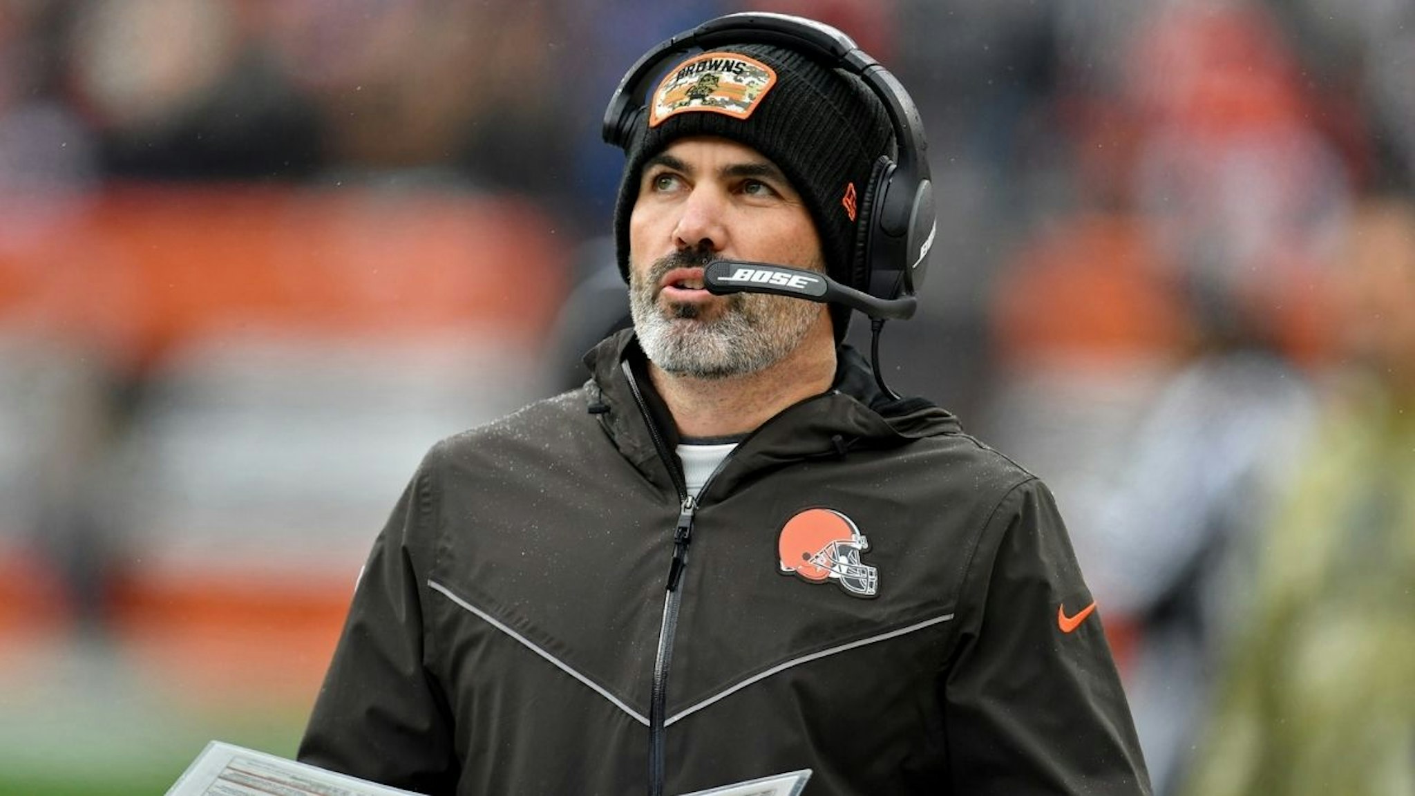 Head coach Kevin Stefanski of the Cleveland Browns looks on from the side line during the game against the Detroit Lions at FirstEnergy Stadium on November 21, 2021 in Cleveland, Ohio.