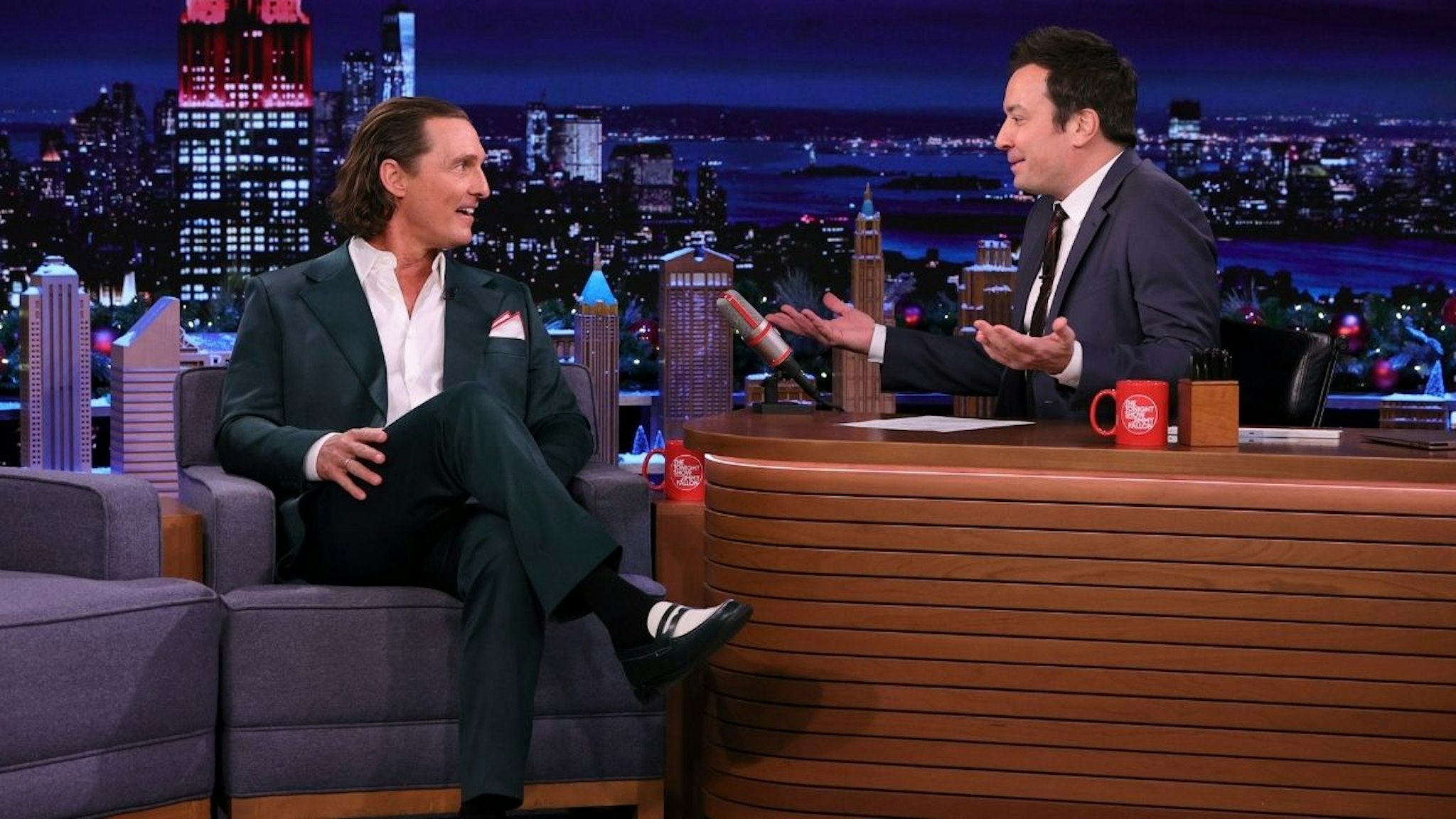 Pictured: (l-r) Actor Matthew McConaughey during an interview with host Jimmy Fallon on Tuesday, December 14, 2021.