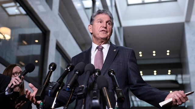 Sen. Joe Manchin (D-WV) speaks at a press conference outside his office on Capitol Hill on October 06, 2021 in Washington, DC.