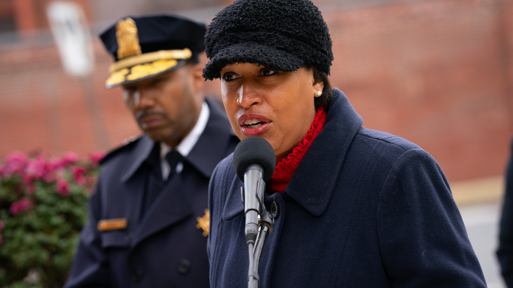 Mayor Muriel Bowser, pictured, held a press conference on Monday, November 29, 2021 with Chief Robert J. Contee, III, left, of the Metropolitan Police Department, and Lewis Ferebee, Chancellor, DC Public Schools to announce new traffic safety enhancements in areas around schools in the District of Columbia
