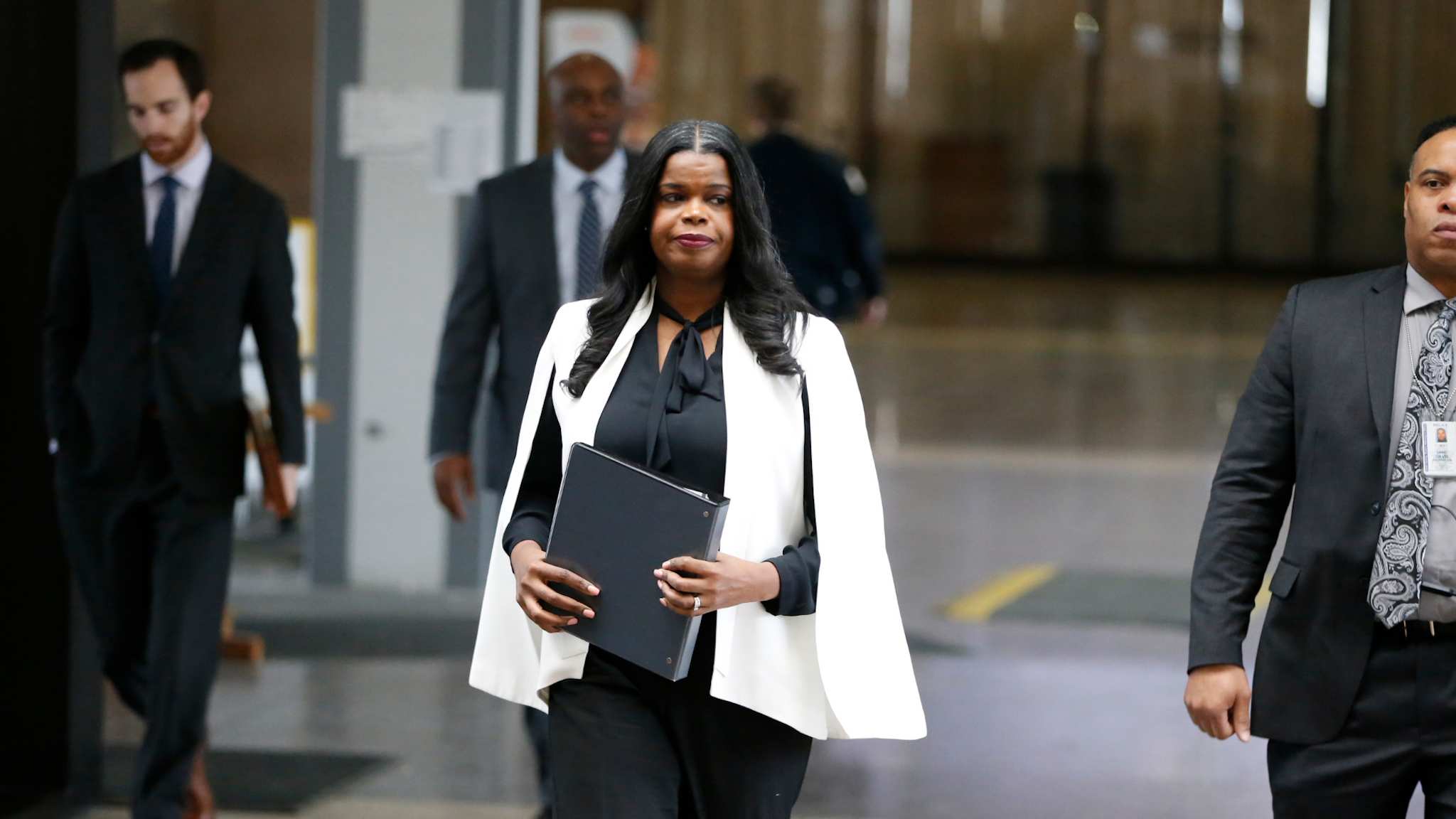 Cook County State's attorney Kim Foxx arrives to speak with reporters and details the charges against R. Kelly's first court appearance at the Leighton Criminal Courthouse on February 23, 2019 in Chicago, Illinois.