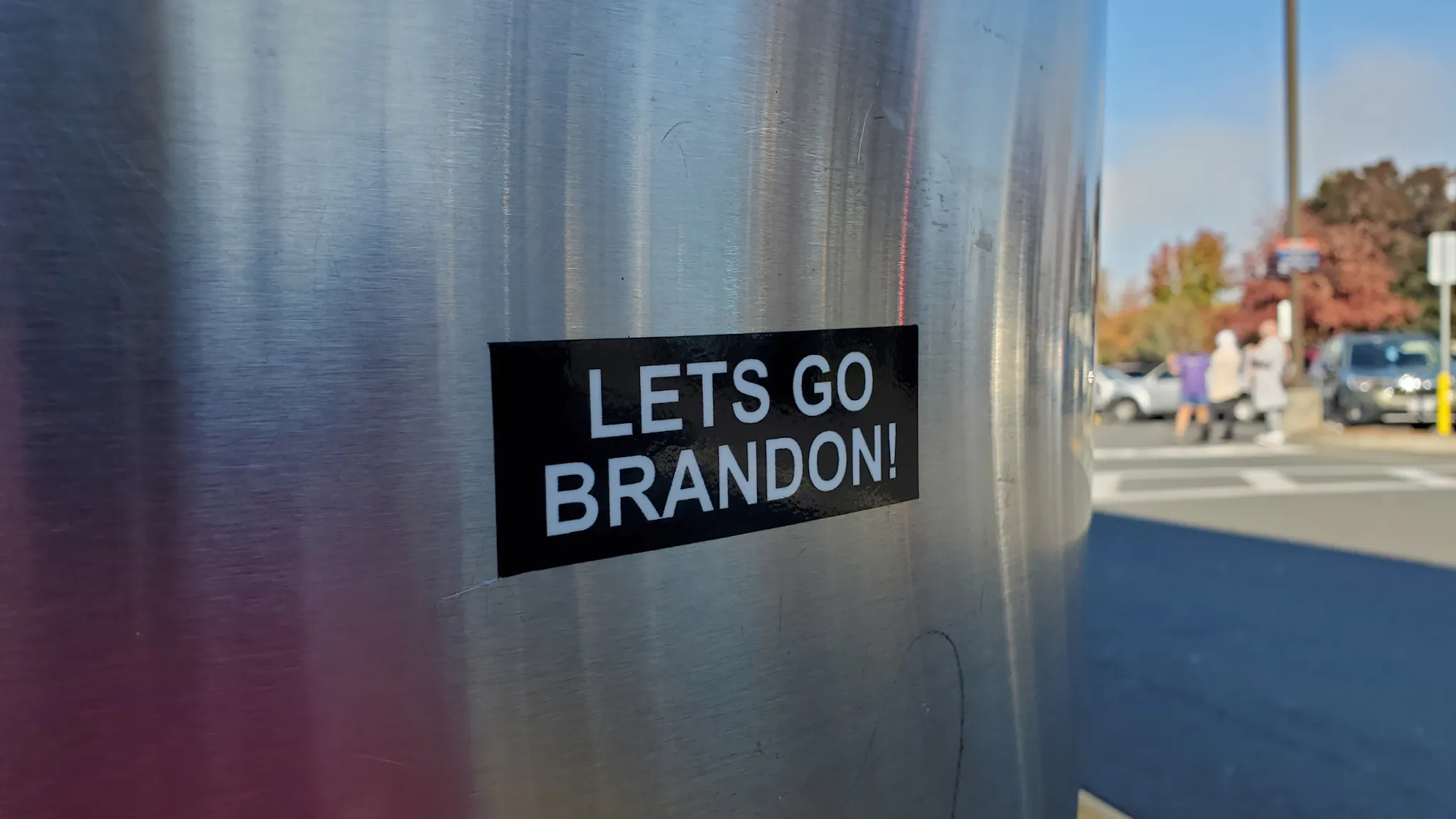 Untitled design (30) A sticker with the political slogan Let's Go Brandon is visible on a trash can in Pleasant Hill, California, November 13, 2021.