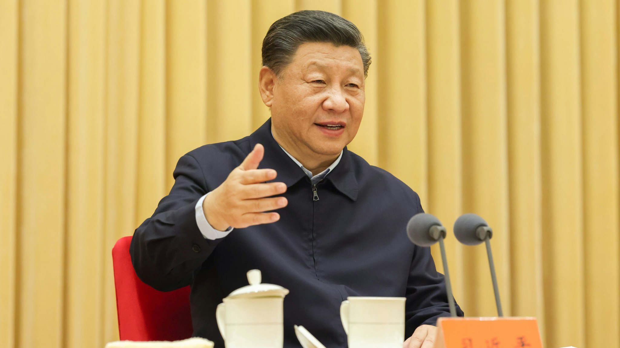 Chinese President Xi Jinping, also general secretary of the Communist Party of China Central Committee and chairman of the Central Military Commission, addresses a national conference on work related to religious affairs in Beijing, capital of China. The conference was held from Friday to Saturday.