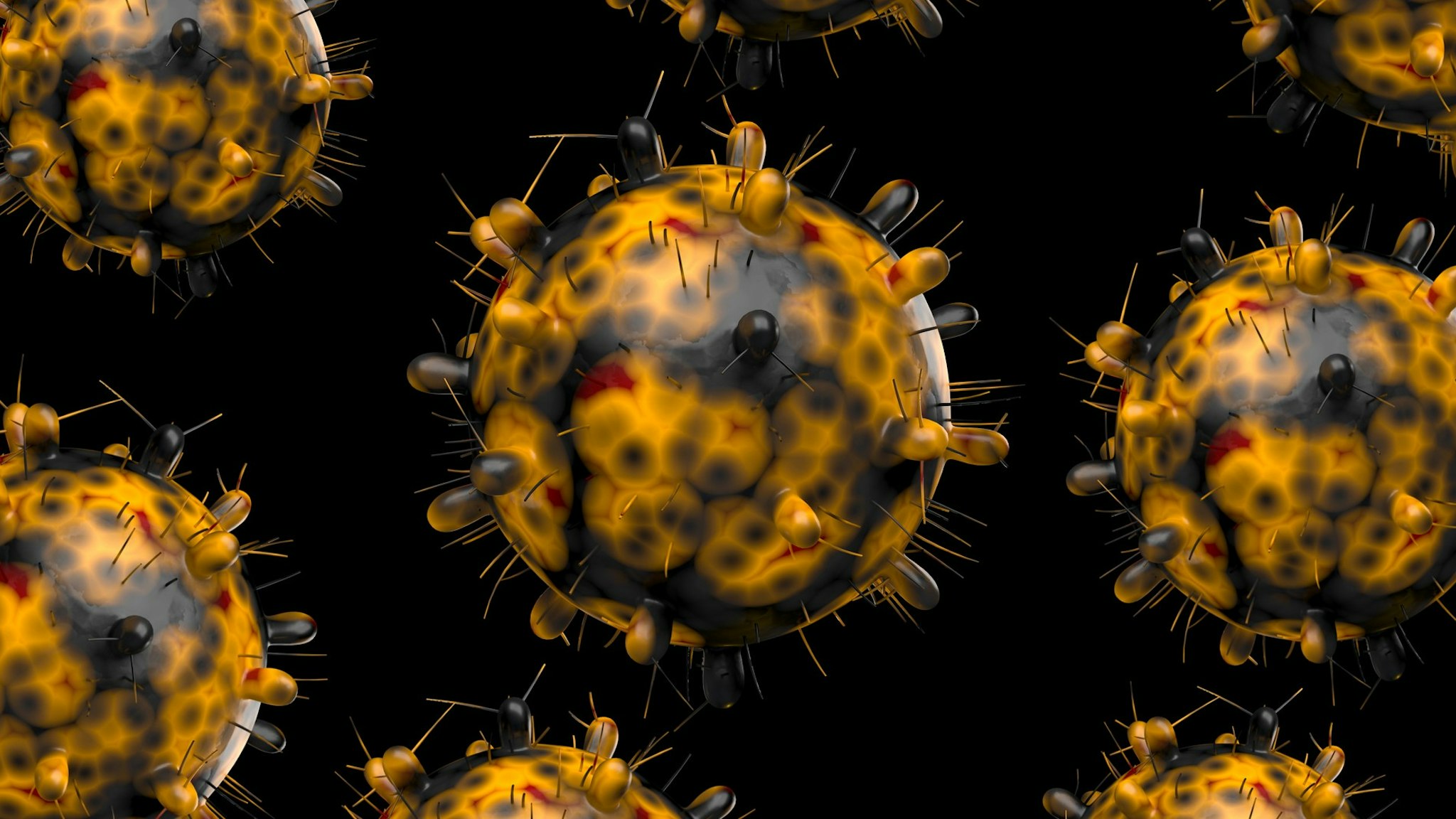 Omicron variant of coronavirus or covid-19. A computer generated image with multiple copies against a black background.