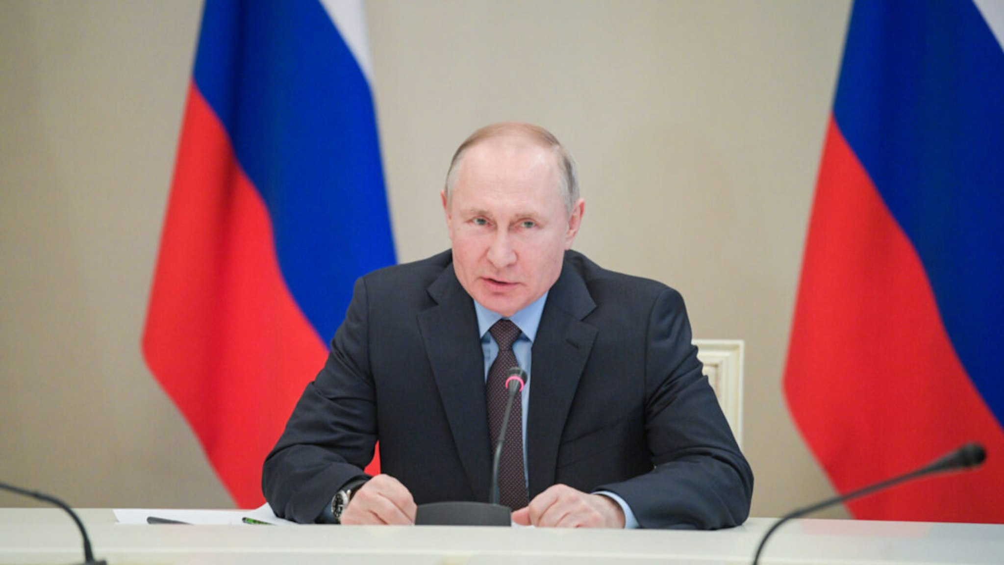 Russia's President Vladimir Putin during a government meeting to discuss Russia's foreign policy, at Vnukovo Airport.