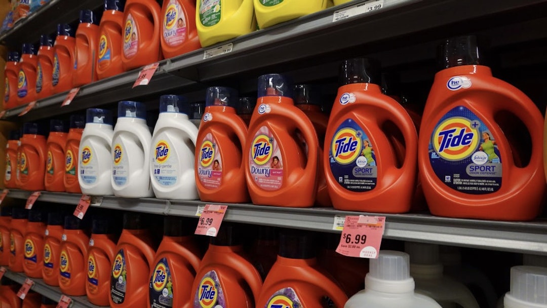 Proctor And Gamble Report Strong Earnings As Cleaning Supplies In High Demand During Pandemic MIAMI, FLORIDA - OCTOBER 20: Tide, a laundry detergent owned by the Procter & Gamble company, is seen on a store shelf on October 20, 2020 in Miami, Florida. The company announced that sales growth rose 9% in the quarter that ended Sept. 30. Sales grew in each of P&G’s business units, as consumers bought their products as they do more dishes, laundry and cleaning at home during the coronavirus pandemic. (Photo by Joe Raedle/Getty Images) Joe Raedle / Staff
