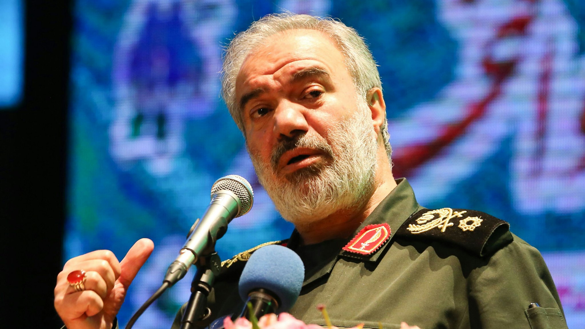 Ali Fadavi, Deputy Chief of the Islamic Revolution Guards Corps (IRGC), delivers a speech during Basij Week in the Iranian capital Tehran on November 24, 2019 . - Iran will severely punish "mercenaries" arrested over a wave of street violence that erupted after a sharp hike in fuel prices, a Revolutionary Guards commander warned. "We have arrested all stooges and mercenaries who have explicitly made confessions that they have been mercenaries of America, of Monafeghin and others," he told a news conference in Tehran.