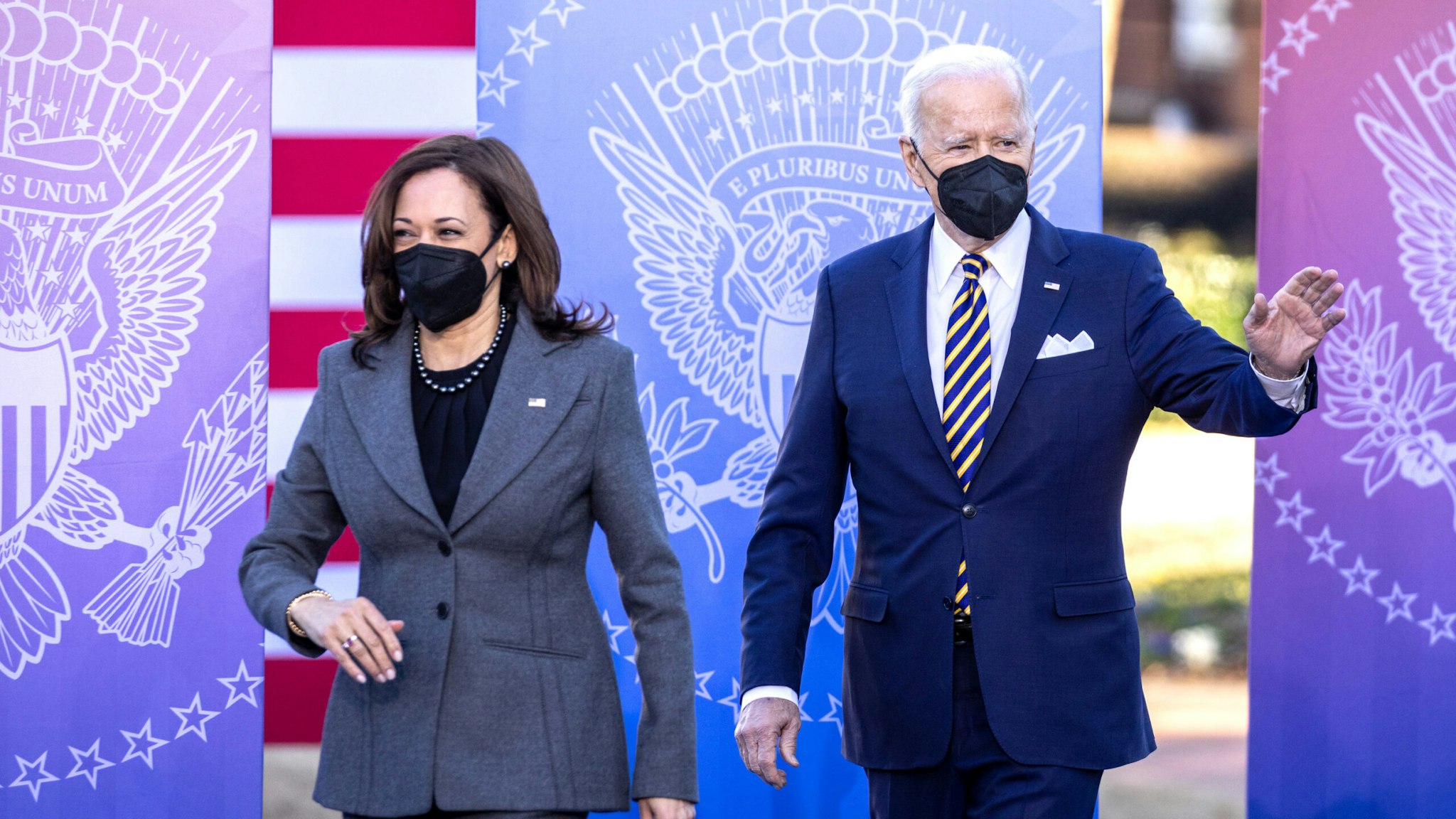 U.S. President Joe Biden and Vice President Kamala Harris arrive to deliver remarks at the Atlanta University Center Consortium in Atlanta, Georgia, U.S., on Tuesday, Jan. 11, 2022. Biden called on the U.S. Senate to change its rules to allow a simple majority to pass voting rights legislation, saying in Atlanta that GOP-backed state laws threaten democracy.