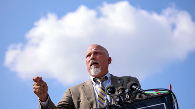 WASHINGTON, DC - AUGUST 23: U.S. Rep. Chip Roy (R-TX) speaks during a news conference on the infrastructure bill with fellow members of the House Freedom Caucus, outside the Capitol Building on August 23, 2021 in Washington, DC. The group criticized the bill for being too expensive and for supporting special interests.